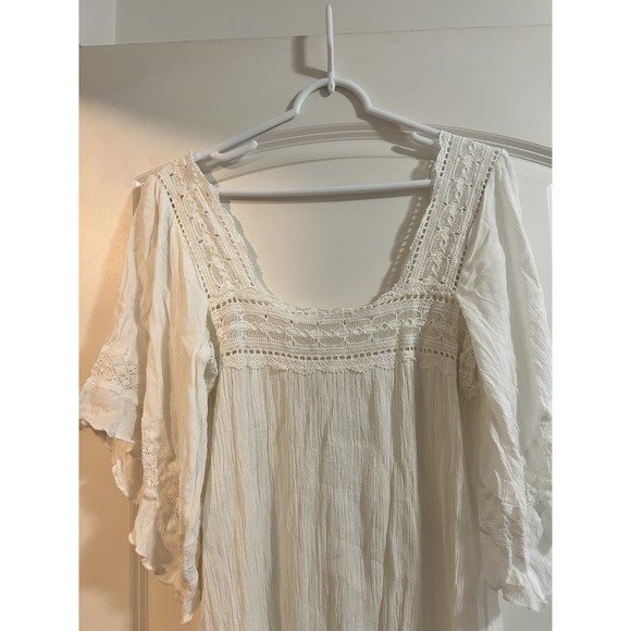 Doen Square neckline with crochet scallop trim, flutter sleeves, pleated Dress L - Picture 12 of 14